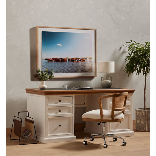 Alexa Desk Chair by Four Hands in savile flax, nickel, natural cane. Made from 92% polyester, 8% flax linen, solid nettlewood, aluminum in a modern style.