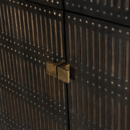 Kelby Cabinet by Four Hands in gunmetal, carved vintage brown, vintage brown. Made from solid mango, iron in a modern style.