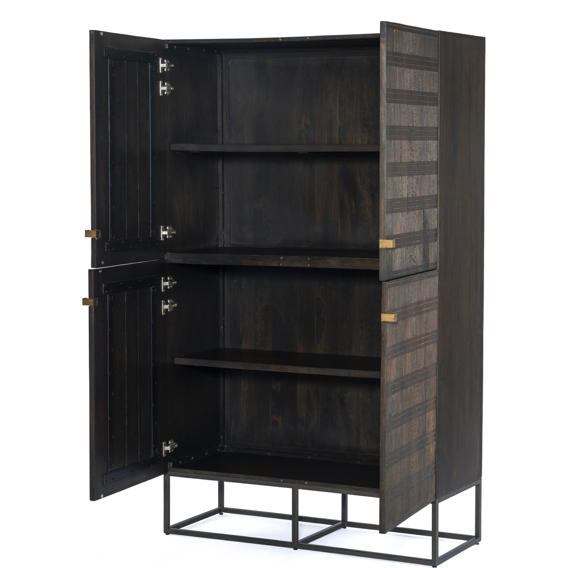 Kelby Cabinet by Four Hands in gunmetal, carved vintage brown, vintage brown. Made from solid mango, iron in a modern style.