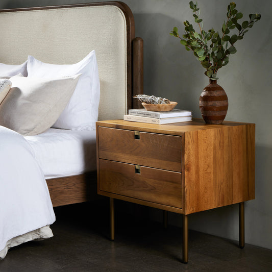 Carlisle Nightstand by Four Hands in natural oak. Made from solid oak, iron in a modern style.