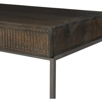 Kelby Writing Desk by Four Hands in aged brass, carved vintage brown, vintage brown, gunmetal and vintage brown. Made from solid mango, iron in a modern style.