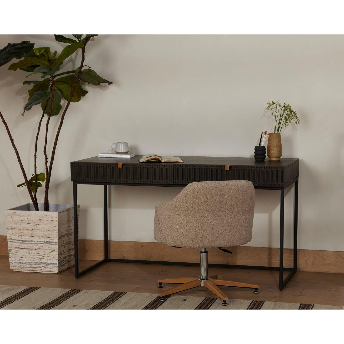 020 SR-809915 | Lifestyle | Kelby Writing Desk by Four Hands in aged brass, carved vintage brown, vintage brown, gunmetal and vintage brown. Made from solid mango, iron in a modern style.