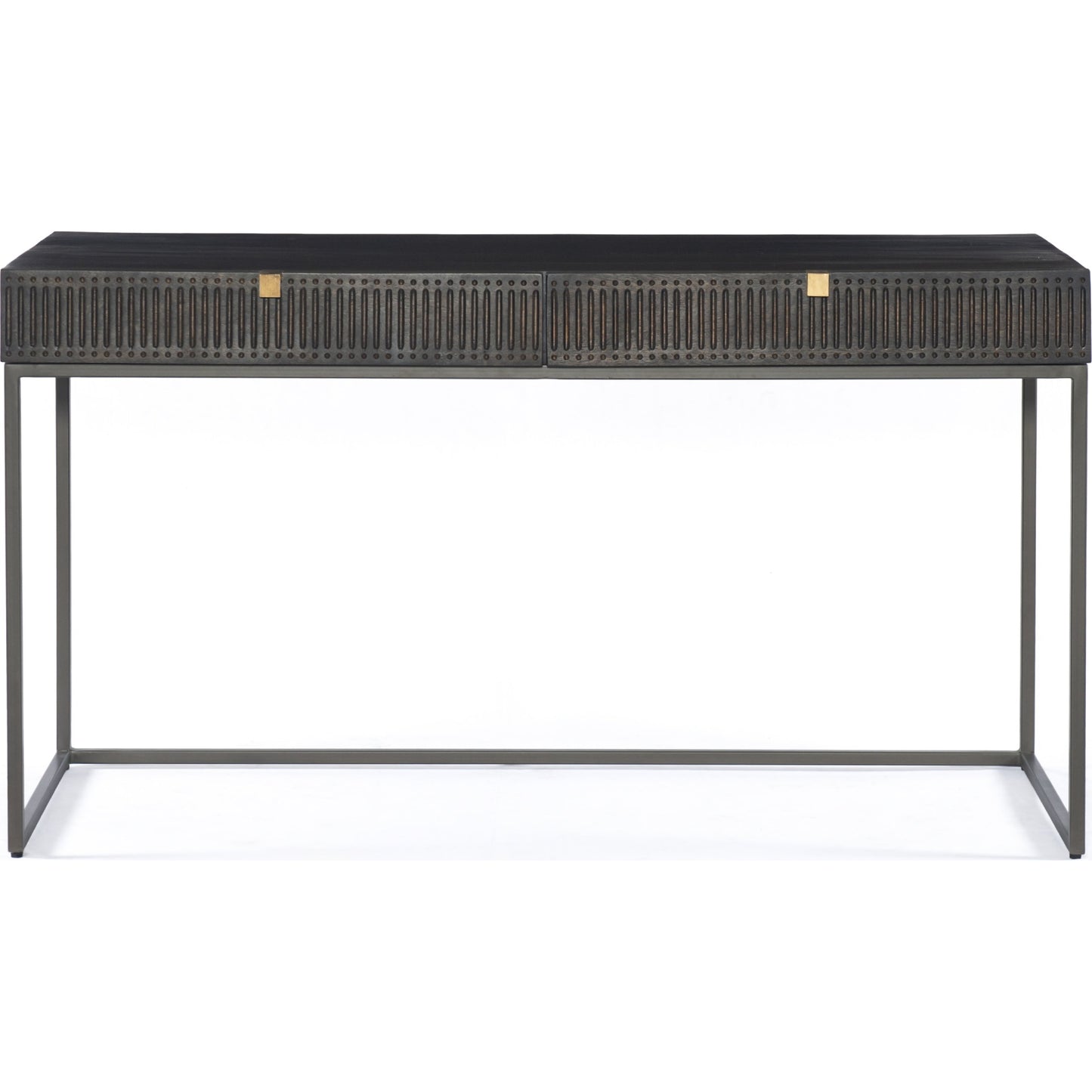 014 SR-809915 | Additional Silo | Kelby Writing Desk by Four Hands in aged brass, carved vintage brown, vintage brown, gunmetal and vintage brown. Made from solid mango, iron in a modern style.