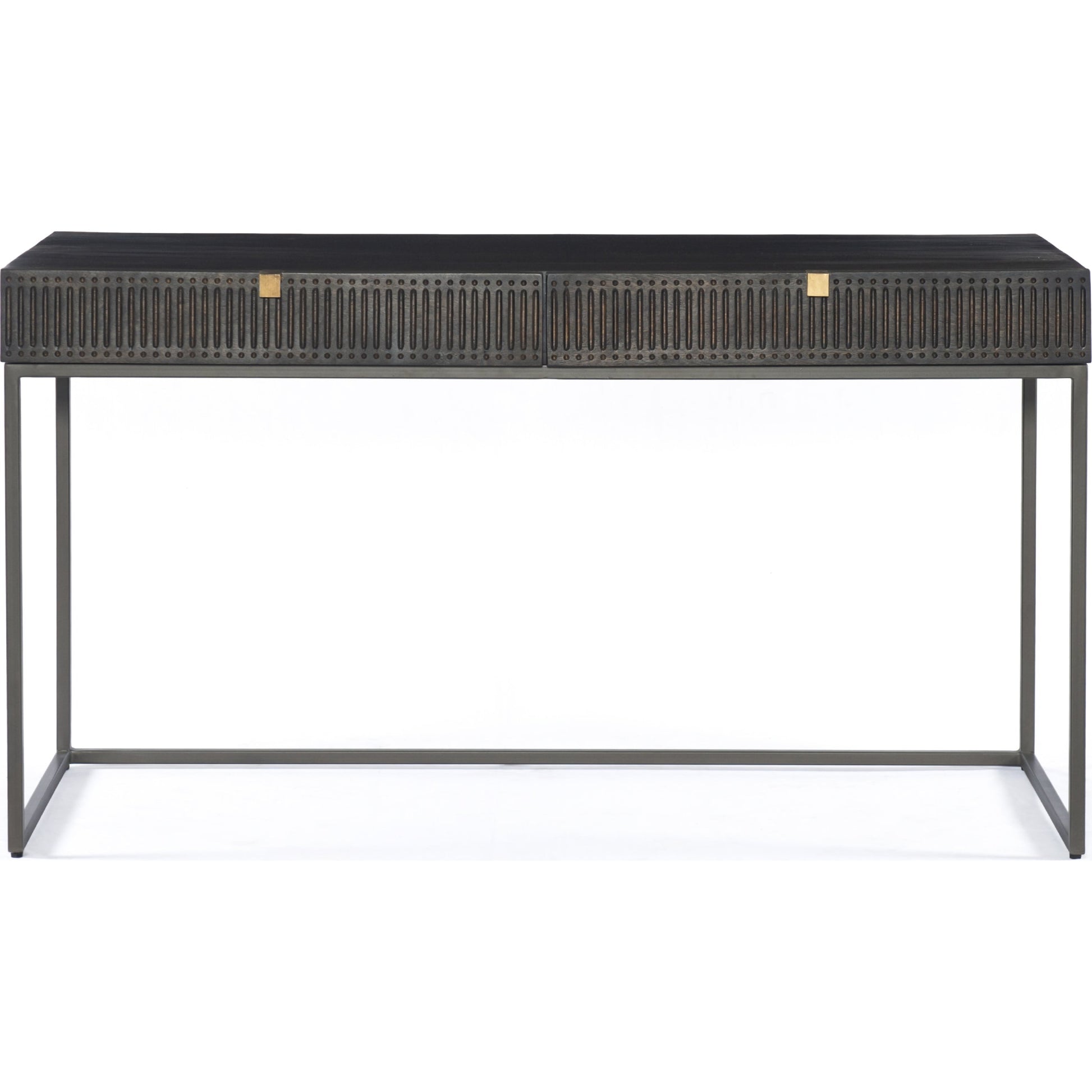 Kelby Writing Desk by Four Hands in aged brass, carved vintage brown, vintage brown, gunmetal and vintage brown. Made from solid mango, iron in a modern style.