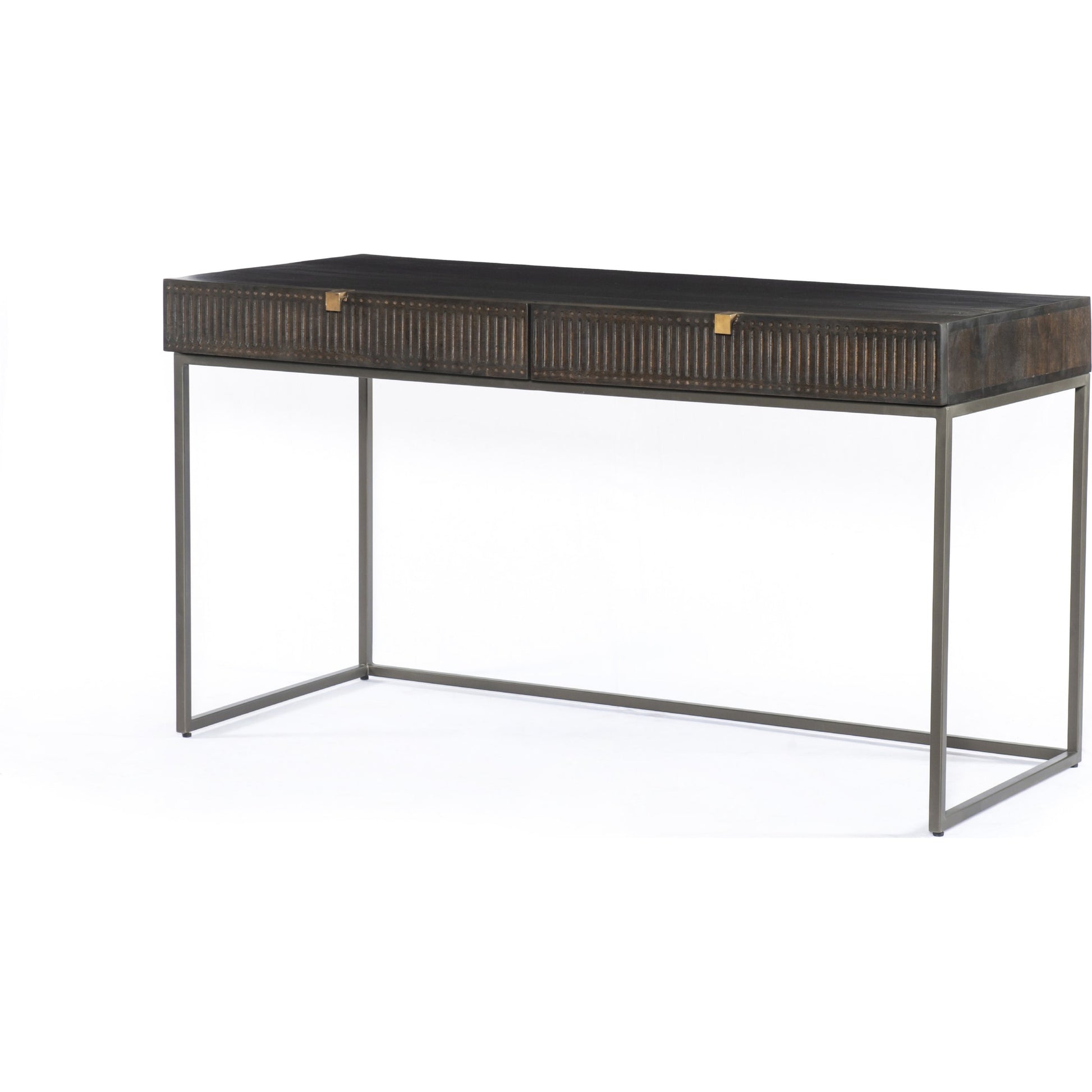 Kelby Writing Desk by Four Hands in aged brass, carved vintage brown, vintage brown, gunmetal and vintage brown. Made from solid mango, iron in a modern style.