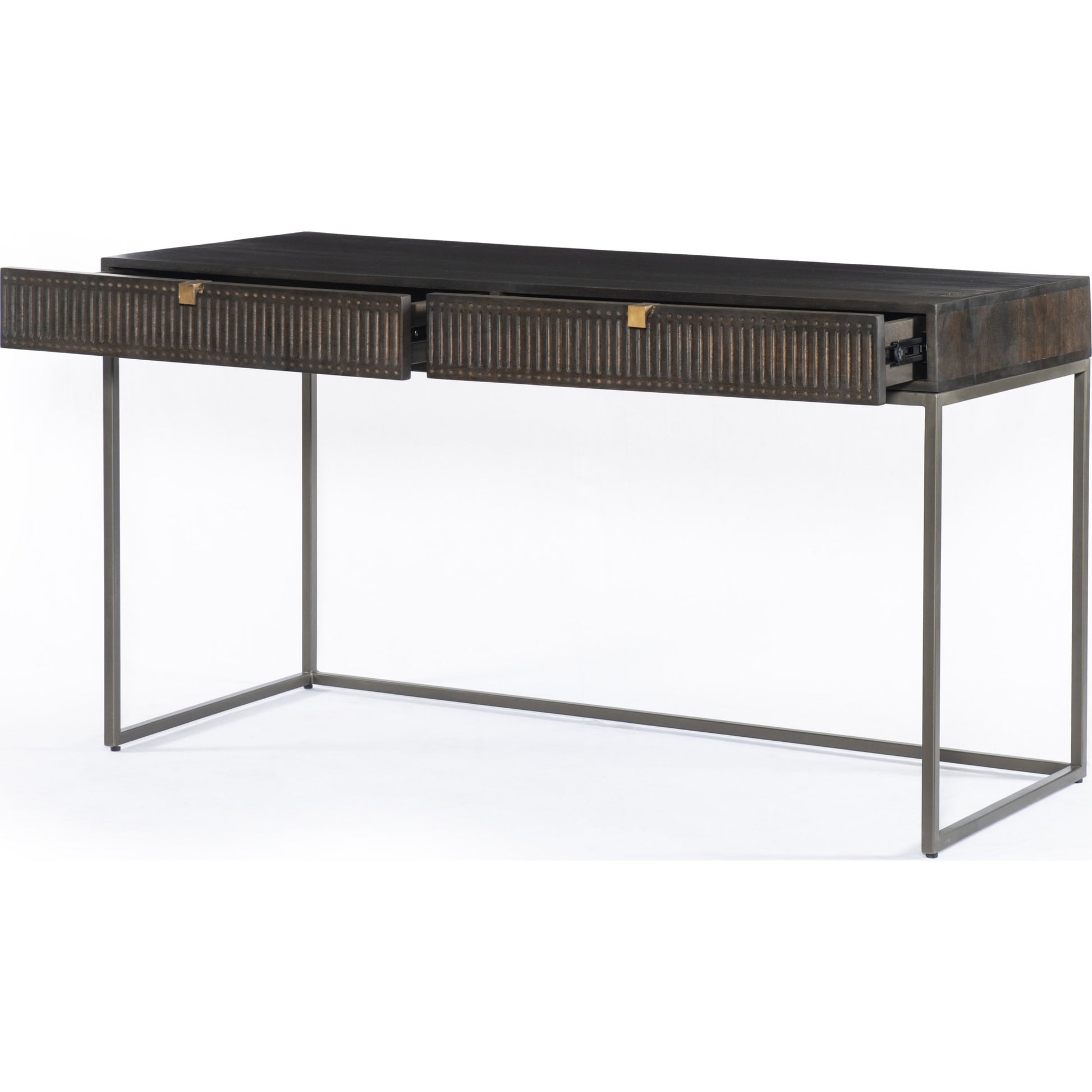 Kelby Writing Desk by Four Hands in aged brass, carved vintage brown, vintage brown, gunmetal and vintage brown. Made from solid mango, iron in a modern style.