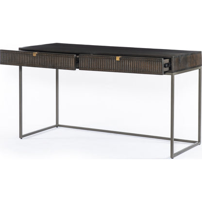 Kelby Writing Desk by Four Hands in aged brass, carved vintage brown, vintage brown, gunmetal and vintage brown. Made from solid mango, iron in a modern style.