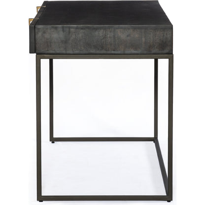 Kelby Writing Desk by Four Hands in aged brass, carved vintage brown, vintage brown, gunmetal and vintage brown. Made from solid mango, iron in a modern style.