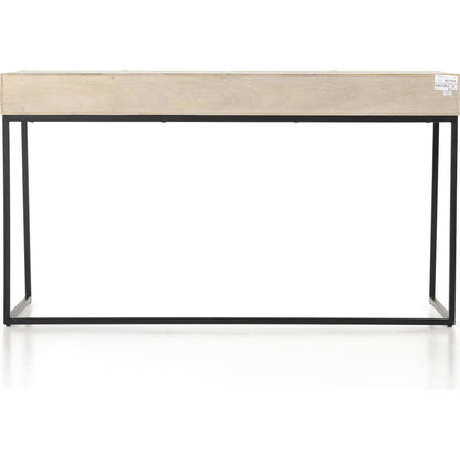 Kelby Writing Desk by Four Hands in aged brass, carved vintage brown, vintage brown, gunmetal and vintage brown. Made from solid mango, iron in a modern style.