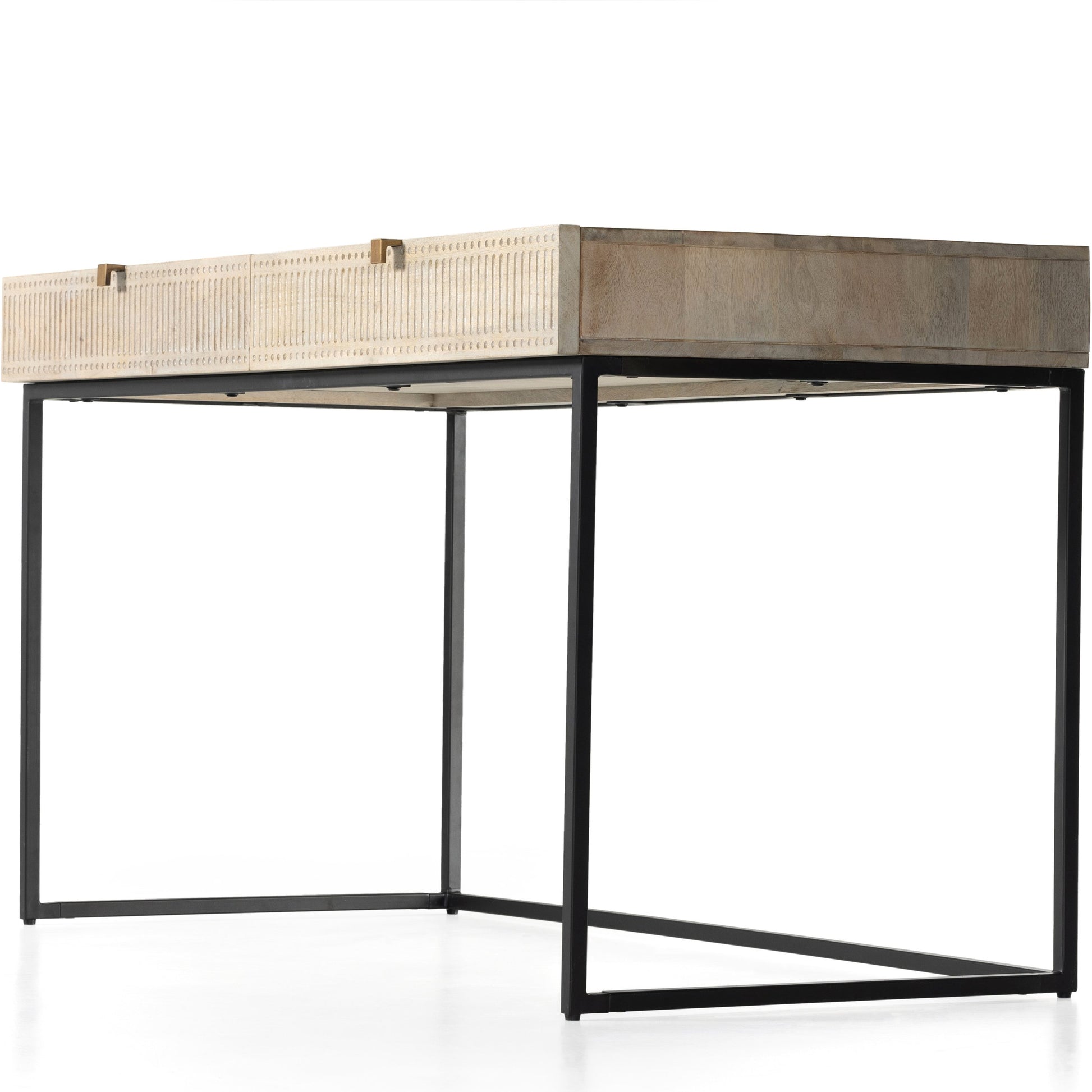 Kelby Writing Desk by Four Hands in aged brass, carved vintage brown, vintage brown, gunmetal and vintage brown. Made from solid mango, iron in a modern style.