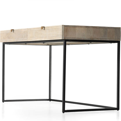 Kelby Writing Desk by Four Hands in aged brass, carved vintage brown, vintage brown, gunmetal and vintage brown. Made from solid mango, iron in a modern style.