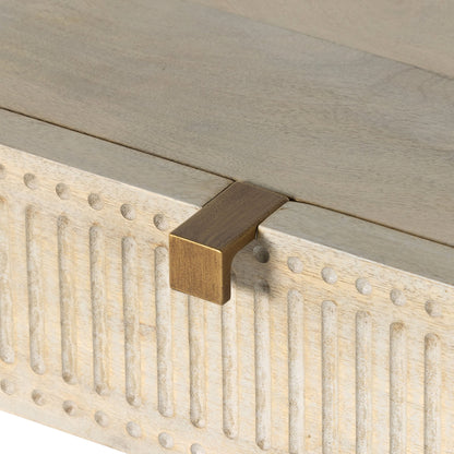 Kelby Writing Desk by Four Hands in aged brass, carved vintage brown, vintage brown, gunmetal and vintage brown. Made from solid mango, iron in a modern style.