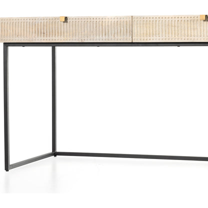 Kelby Writing Desk by Four Hands in aged brass, carved vintage brown, vintage brown, gunmetal and vintage brown. Made from solid mango, iron in a modern style.