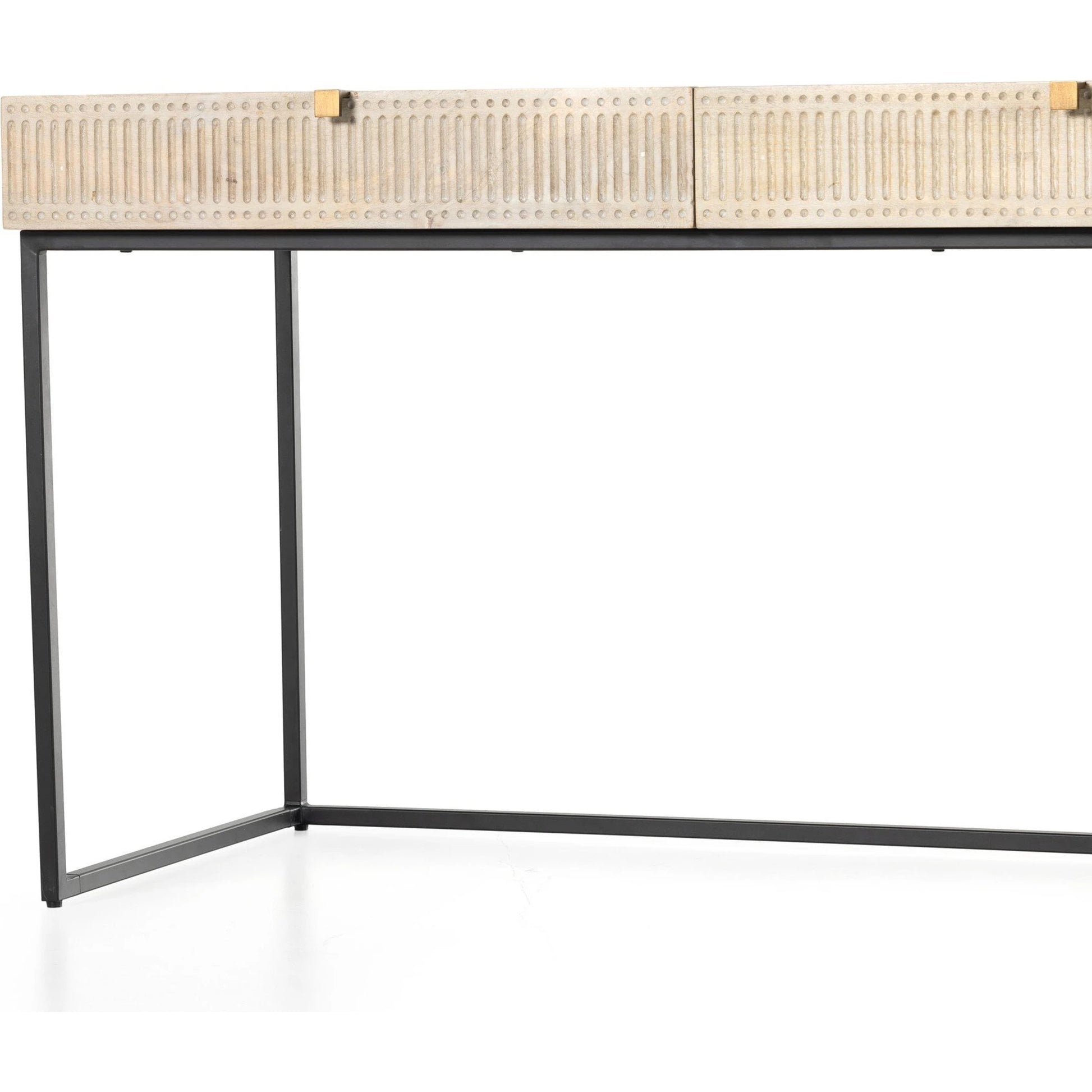 Kelby Writing Desk by Four Hands in aged brass, carved vintage brown, vintage brown, gunmetal and vintage brown. Made from solid mango, iron in a modern style.