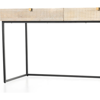 Kelby Writing Desk by Four Hands in aged brass, carved vintage brown, vintage brown, gunmetal and vintage brown. Made from solid mango, iron in a modern style.