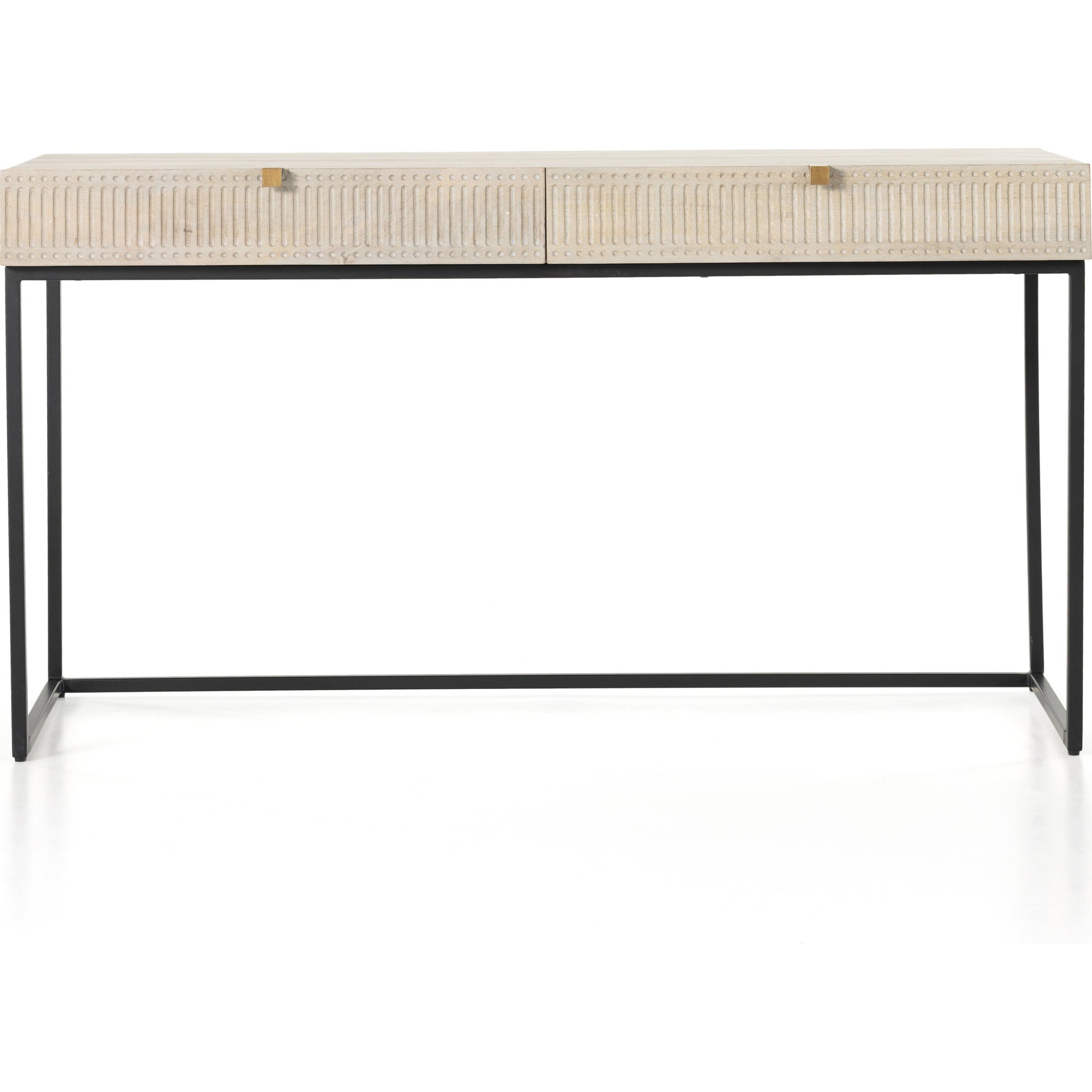 Kelby Writing Desk by Four Hands in aged brass, carved vintage brown, vintage brown, gunmetal and vintage brown. Made from solid mango, iron in a modern style.