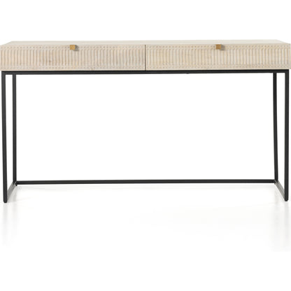 Kelby Writing Desk by Four Hands in aged brass, carved vintage brown, vintage brown, gunmetal and vintage brown. Made from solid mango, iron in a modern style.