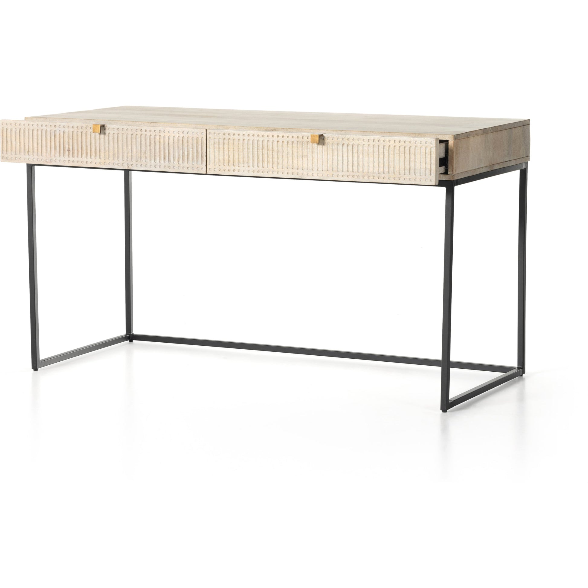 Kelby Writing Desk by Four Hands in aged brass, carved vintage brown, vintage brown, gunmetal and vintage brown. Made from solid mango, iron in a modern style.