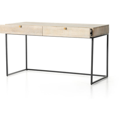 Kelby Writing Desk by Four Hands in aged brass, carved vintage brown, vintage brown, gunmetal and vintage brown. Made from solid mango, iron in a modern style.