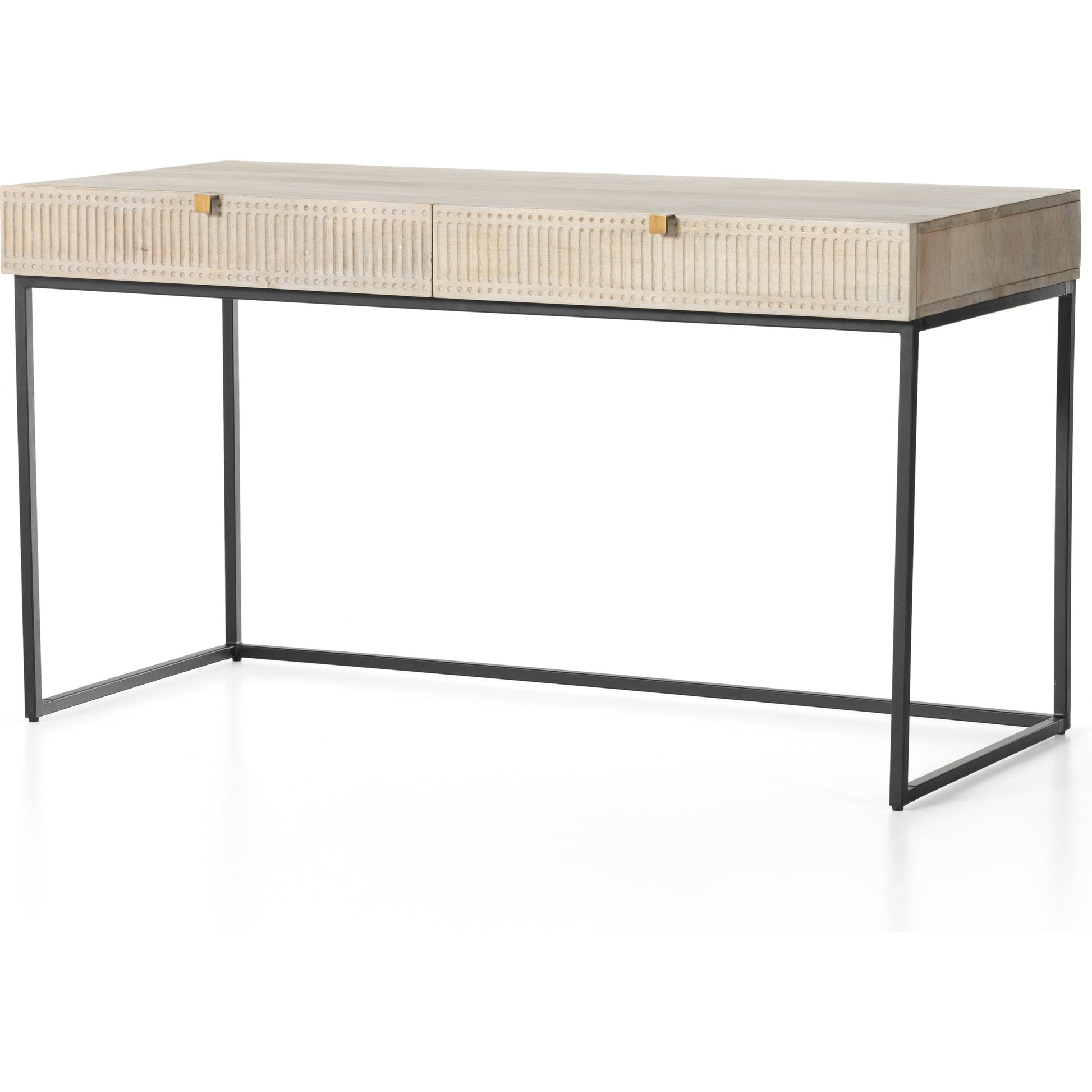 Kelby Writing Desk by Four Hands in aged brass, carved vintage brown, vintage brown, gunmetal and vintage brown. Made from solid mango, iron in a modern style.