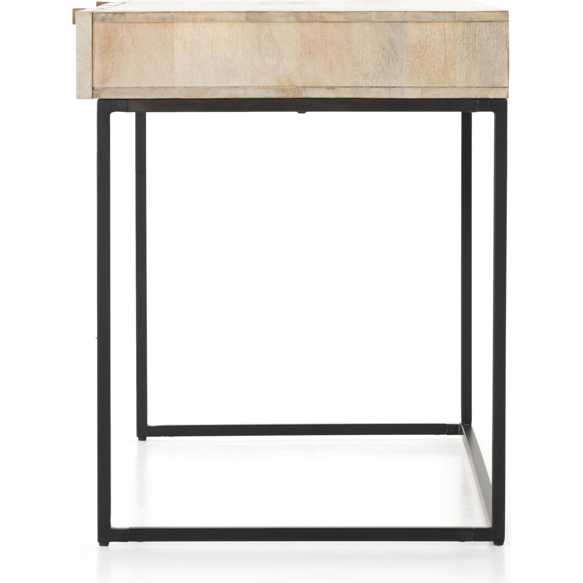 Kelby Writing Desk by Four Hands in aged brass, carved vintage brown, vintage brown, gunmetal and vintage brown. Made from solid mango, iron in a modern style.