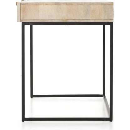 Kelby Writing Desk by Four Hands in aged brass, carved vintage brown, vintage brown, gunmetal and vintage brown. Made from solid mango, iron in a modern style.