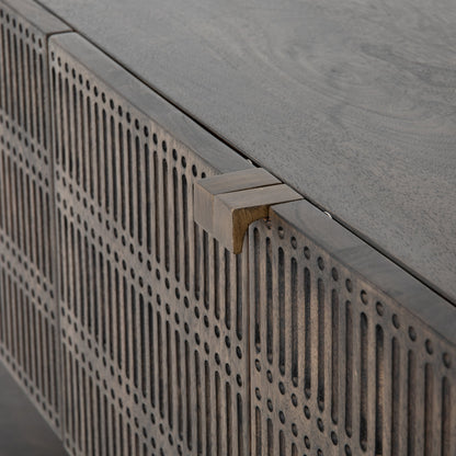 Kelby Small Media Cabinet by Four Hands in gunmetal, light wash mango, aged brass, light wash carved mango. Made from solid mango, iron in a modern style.