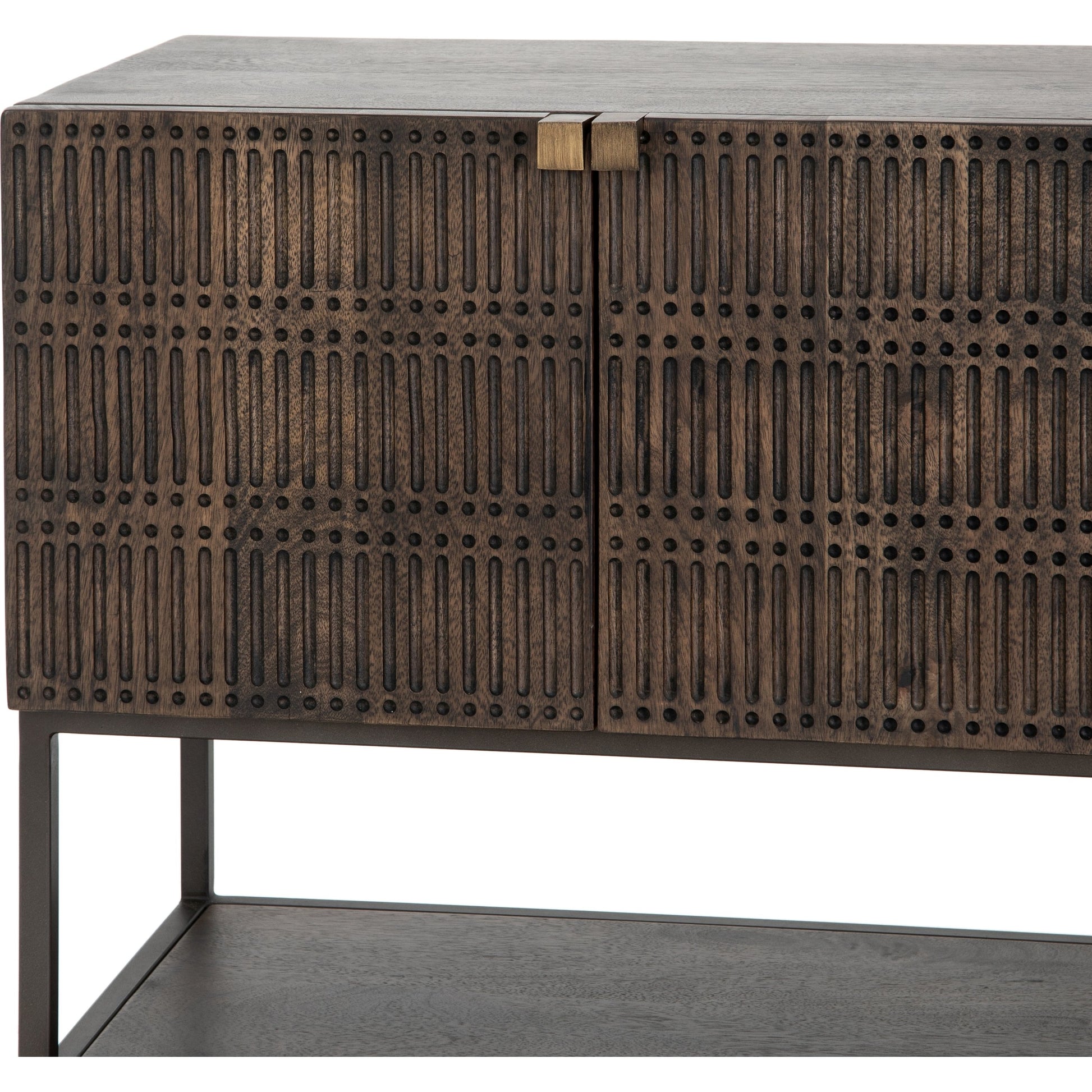 Kelby Small Media Cabinet by Four Hands in gunmetal, light wash mango, aged brass, light wash carved mango. Made from solid mango, iron in a modern style.