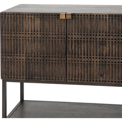 Kelby Small Media Cabinet by Four Hands in gunmetal, light wash mango, aged brass, light wash carved mango. Made from solid mango, iron in a modern style.