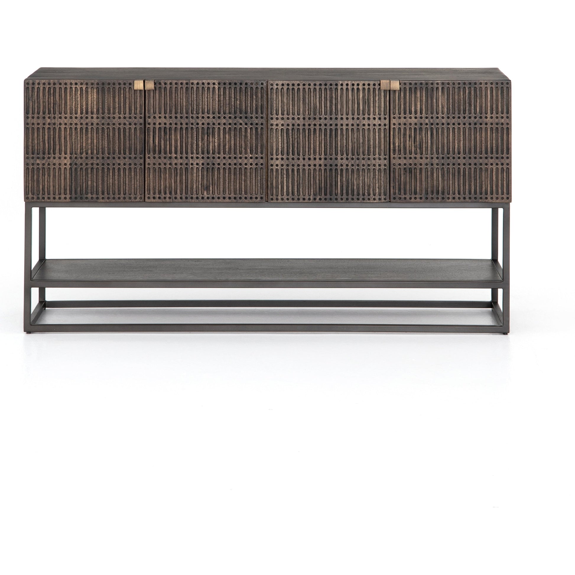 Kelby Small Media Cabinet by Four Hands in gunmetal, light wash mango, aged brass, light wash carved mango. Made from solid mango, iron in a modern style.