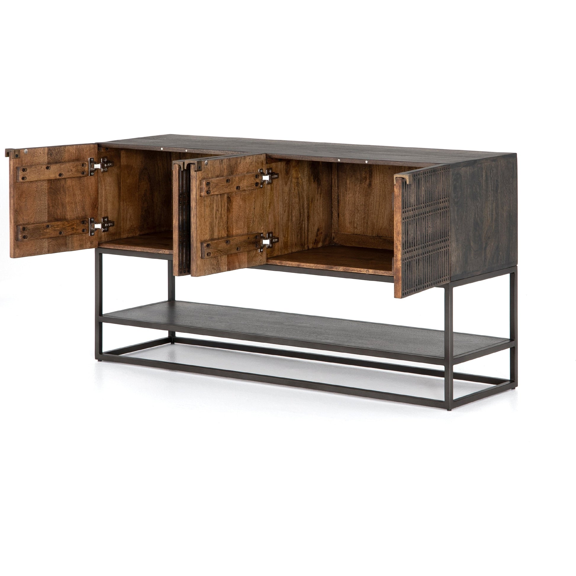 Kelby Small Media Cabinet by Four Hands in gunmetal, light wash mango, aged brass, light wash carved mango. Made from solid mango, iron in a modern style.