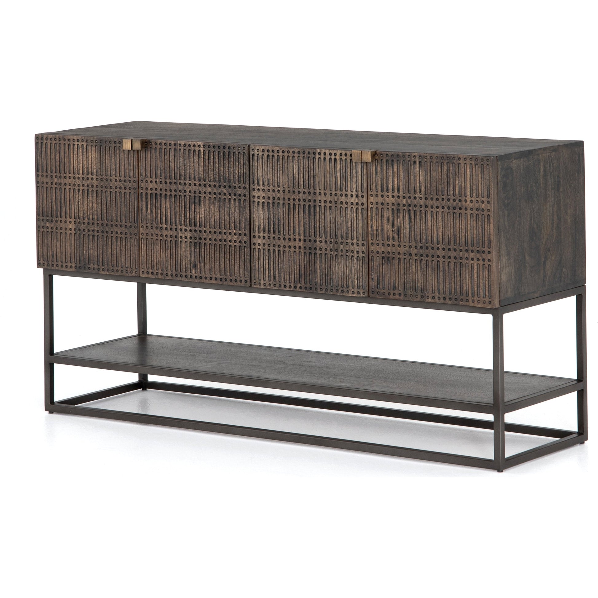 Kelby Small Media Cabinet by Four Hands in gunmetal, light wash mango, aged brass, light wash carved mango. Made from solid mango, iron in a modern style.