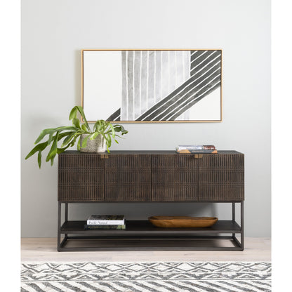 Kelby Small Media Cabinet by Four Hands in gunmetal, light wash mango, aged brass, light wash carved mango. Made from solid mango, iron in a modern style.