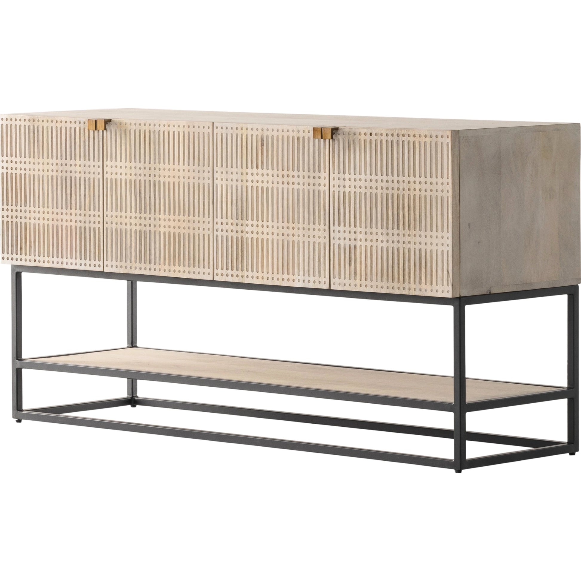 Kelby Small Media Cabinet by Four Hands in gunmetal, light wash mango, aged brass, light wash carved mango. Made from solid mango, iron in a modern style.