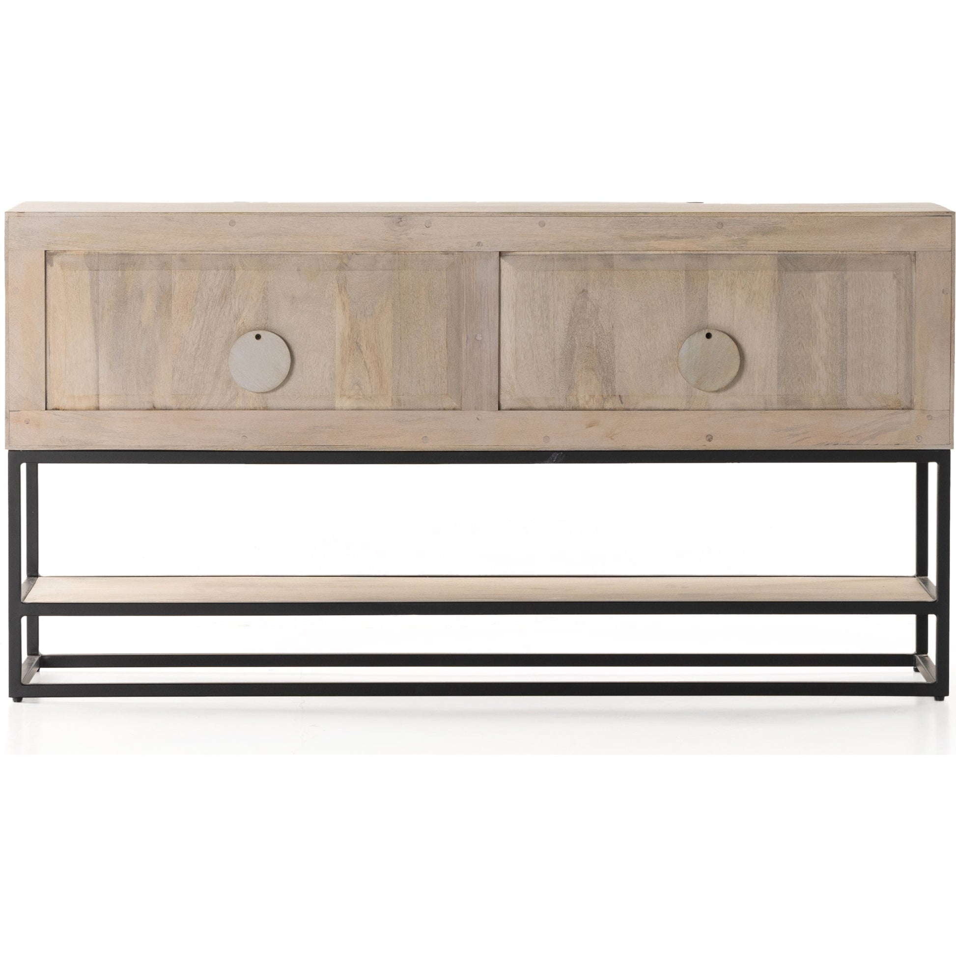 Kelby Small Media Cabinet by Four Hands in gunmetal, light wash mango, aged brass, light wash carved mango. Made from solid mango, iron in a modern style.