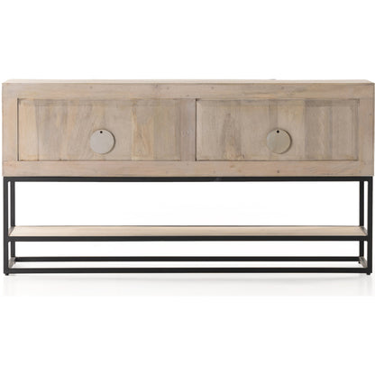 Kelby Small Media Cabinet by Four Hands in gunmetal, light wash mango, aged brass, light wash carved mango. Made from solid mango, iron in a modern style.
