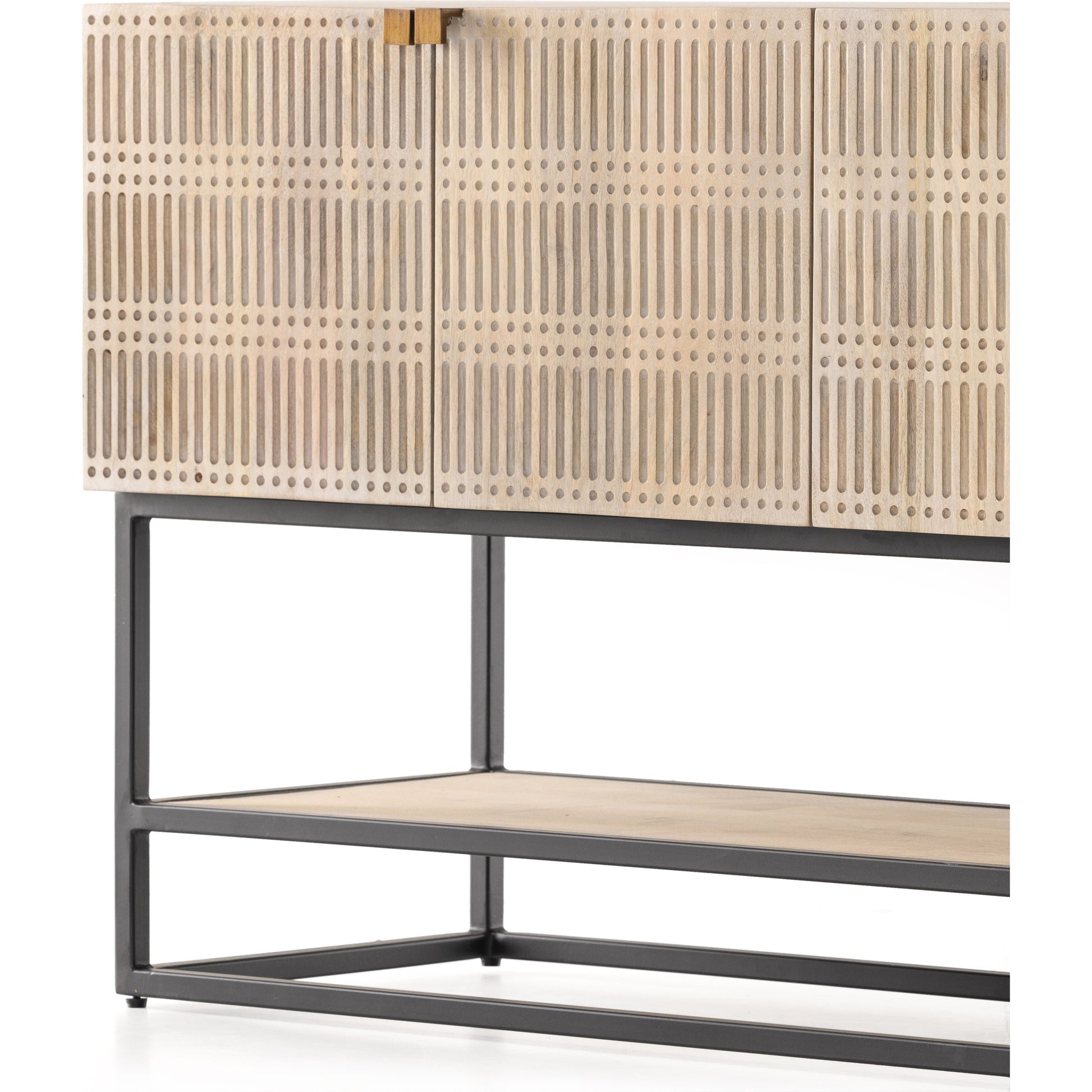 Kelby Small Media Cabinet by Four Hands in gunmetal, light wash mango, aged brass, light wash carved mango. Made from solid mango, iron in a modern style.