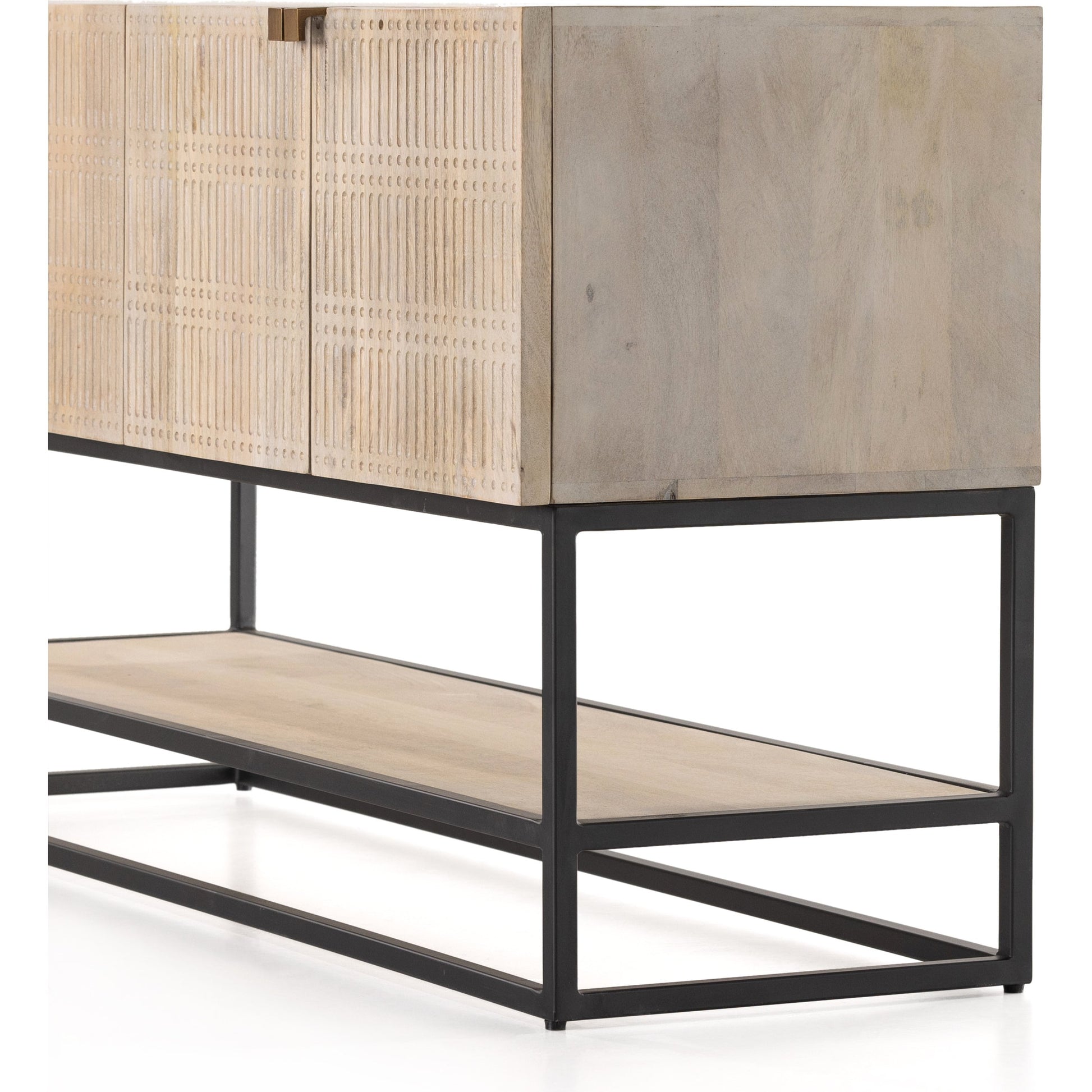 Kelby Small Media Cabinet by Four Hands in gunmetal, light wash mango, aged brass, light wash carved mango. Made from solid mango, iron in a modern style.