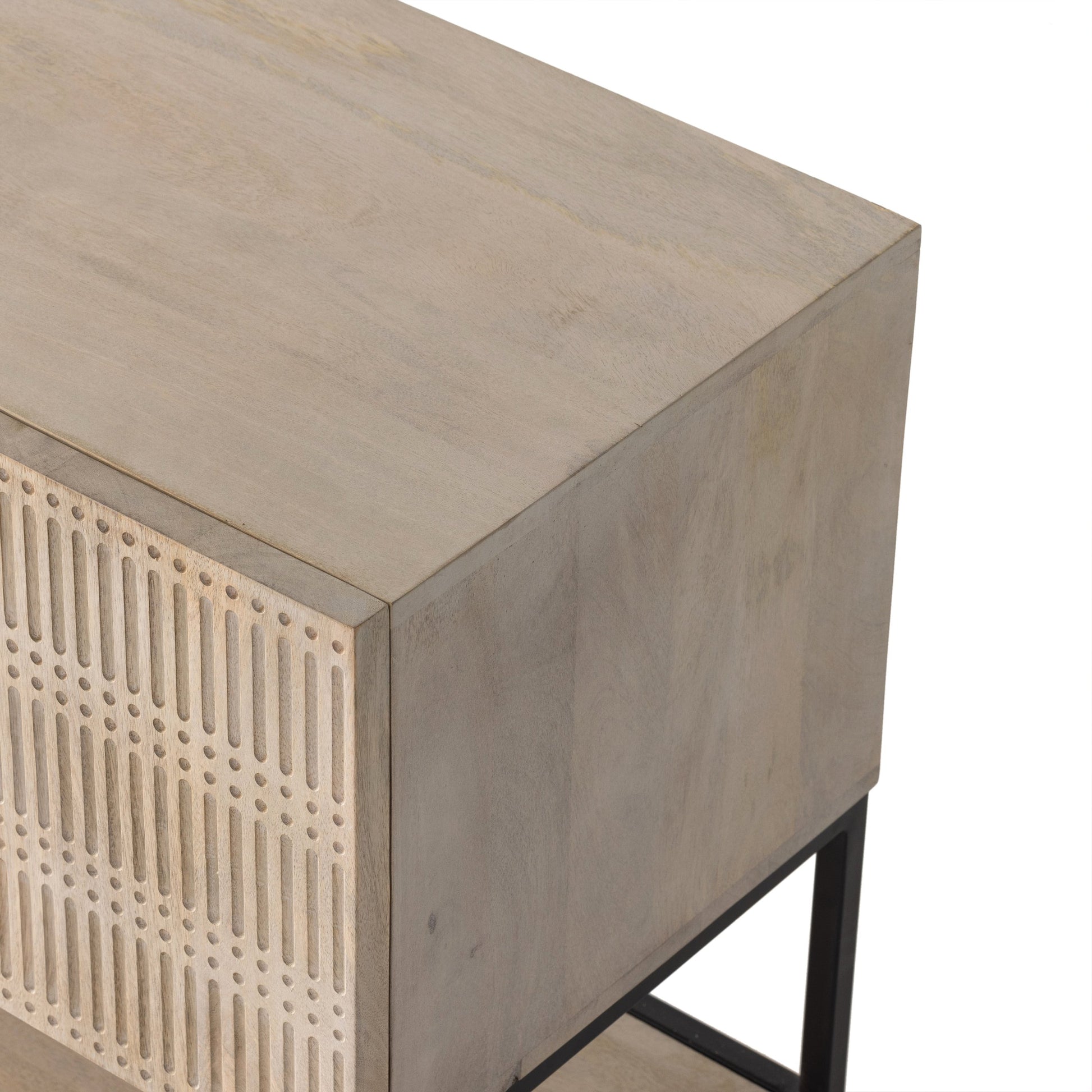 Kelby Small Media Cabinet by Four Hands in gunmetal, light wash mango, aged brass, light wash carved mango. Made from solid mango, iron in a modern style.