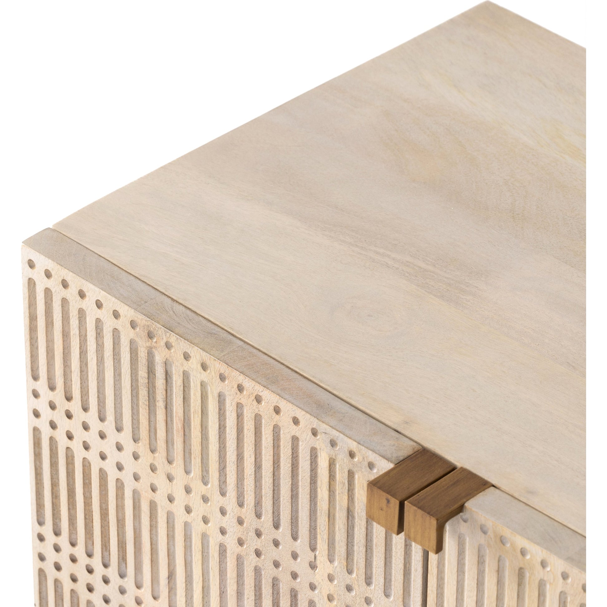 Kelby Small Media Cabinet by Four Hands in gunmetal, light wash mango, aged brass, light wash carved mango. Made from solid mango, iron in a modern style.