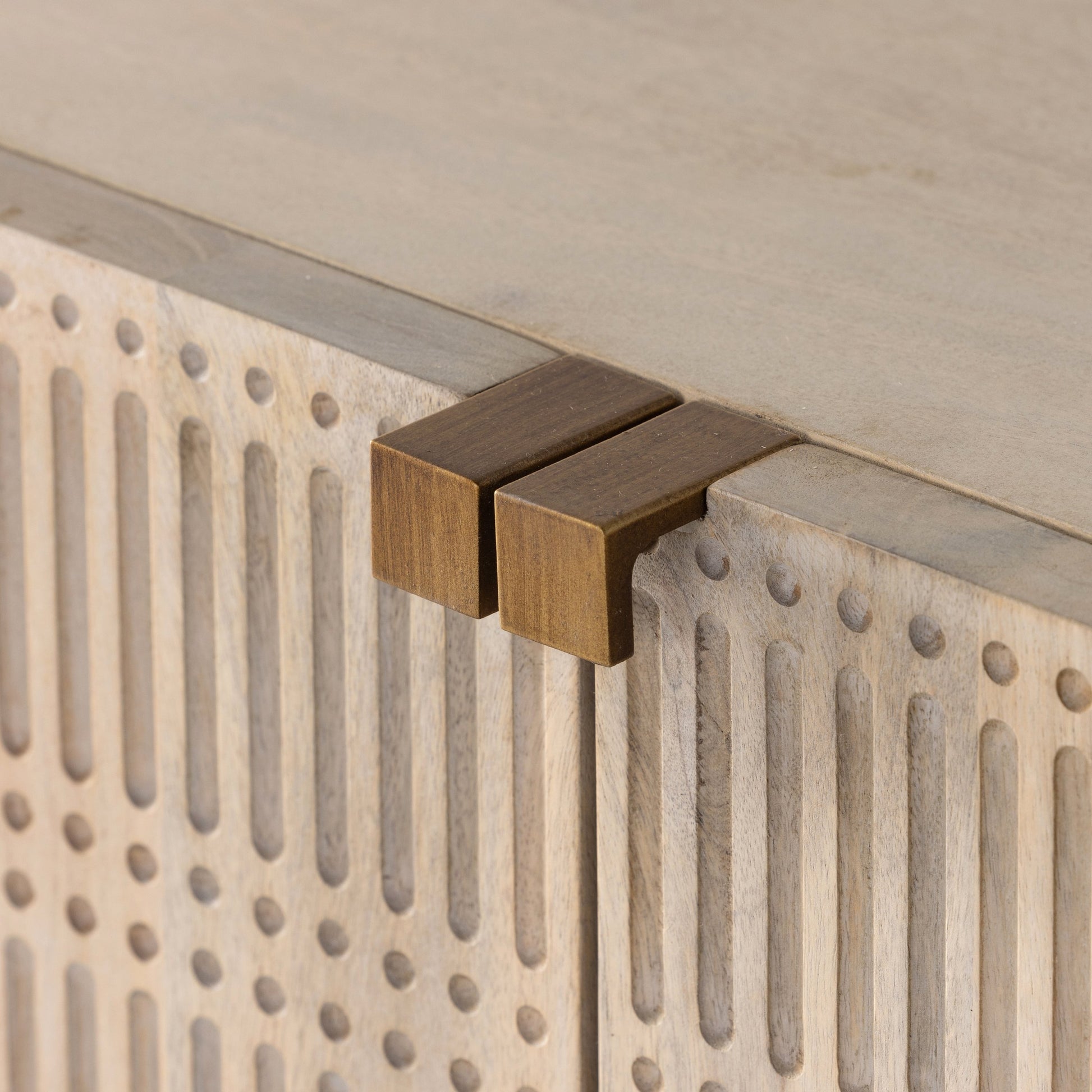 Kelby Small Media Cabinet by Four Hands in gunmetal, light wash mango, aged brass, light wash carved mango. Made from solid mango, iron in a modern style.