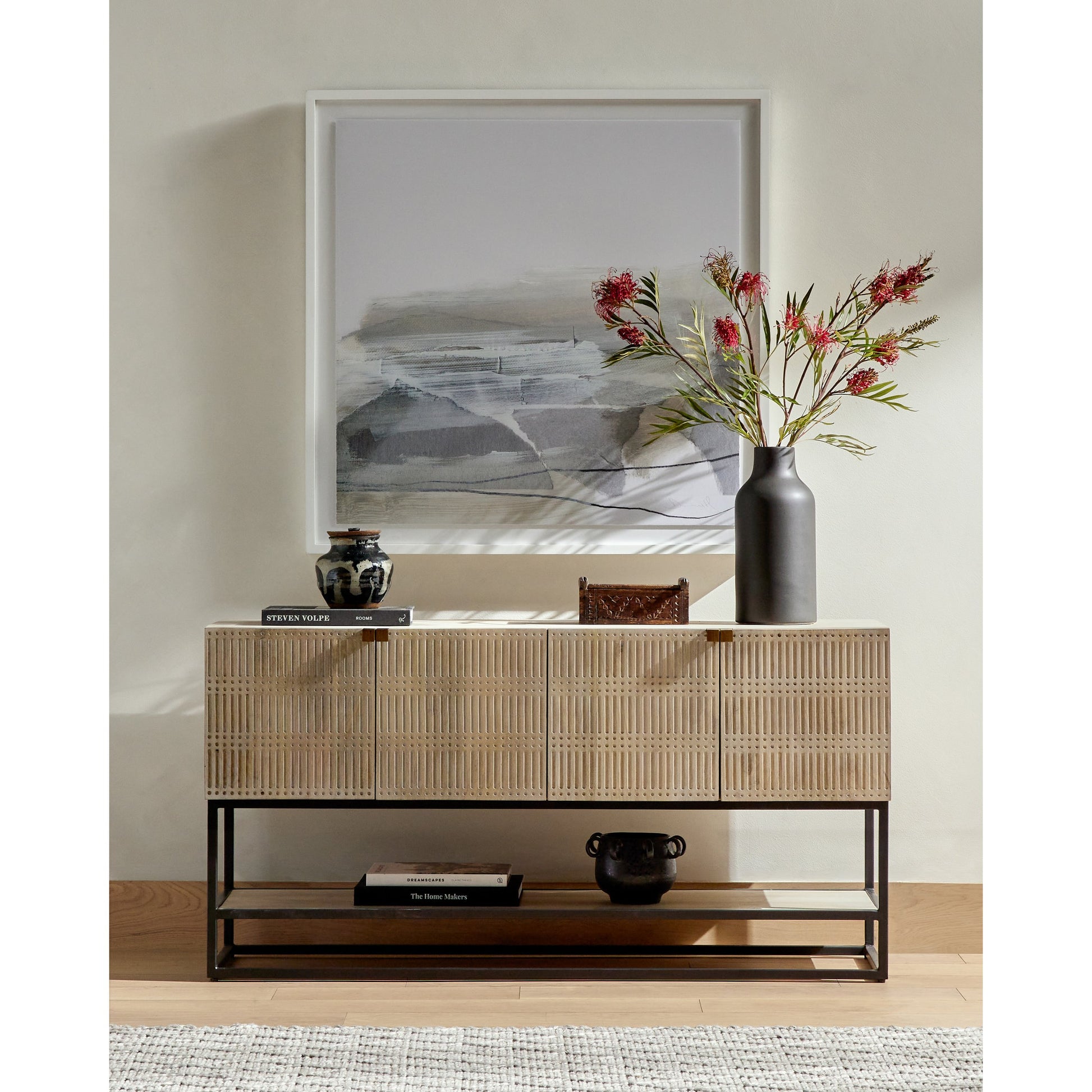Kelby Small Media Cabinet by Four Hands in gunmetal, light wash mango, aged brass, light wash carved mango. Made from solid mango, iron in a modern style.