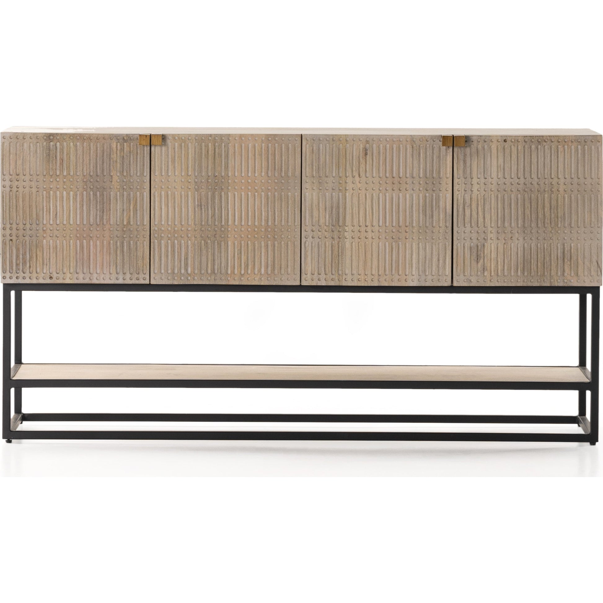 Kelby Small Media Cabinet by Four Hands in gunmetal, light wash mango, aged brass, light wash carved mango. Made from solid mango, iron in a modern style.