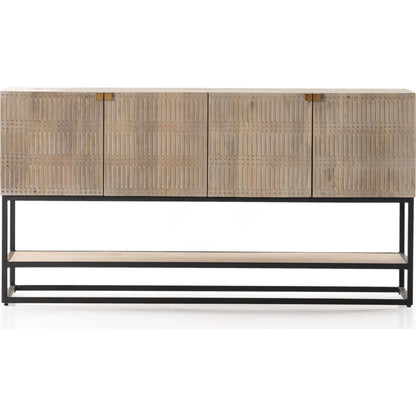 Kelby Small Media Cabinet by Four Hands in gunmetal, light wash mango, aged brass, light wash carved mango. Made from solid mango, iron in a modern style.