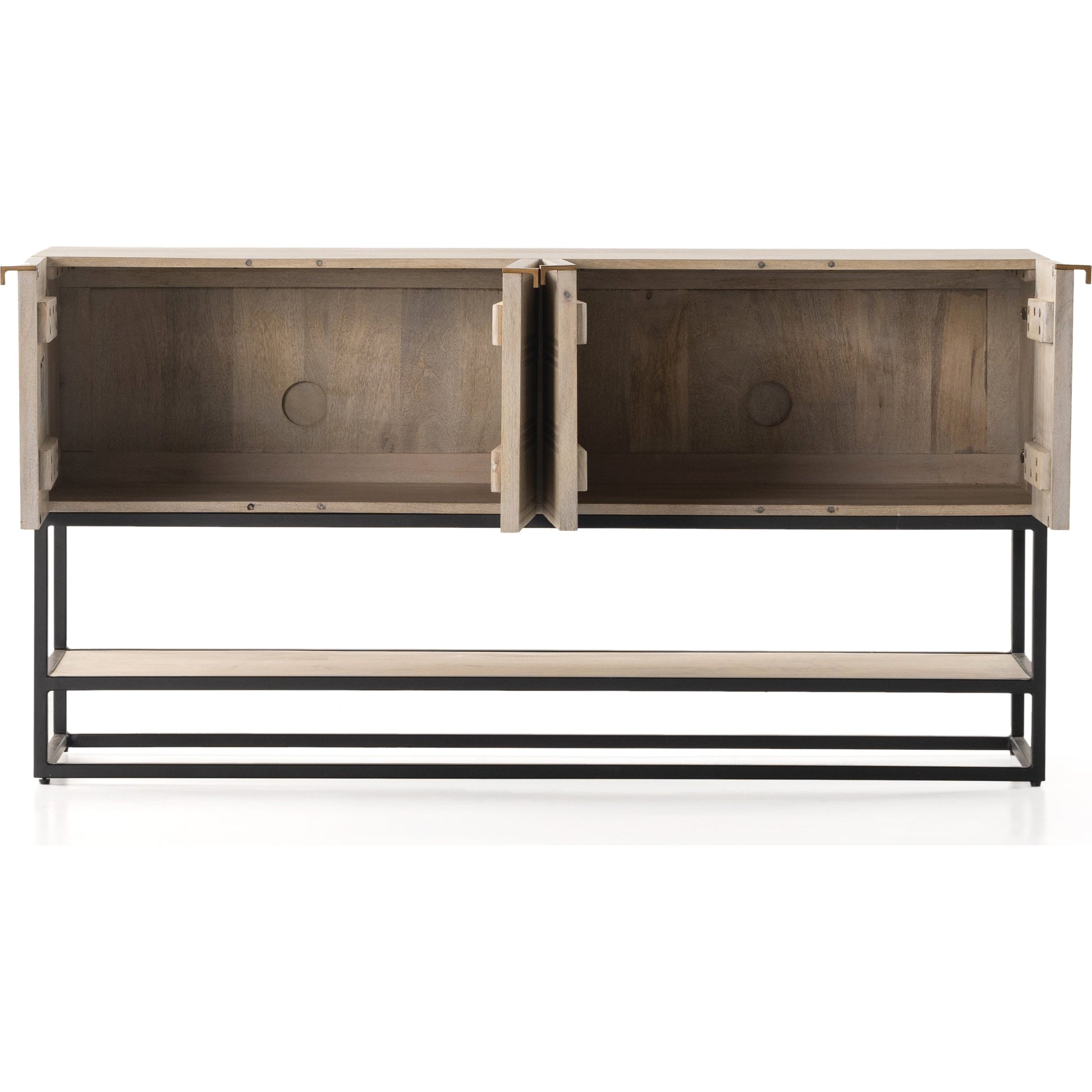 Kelby Small Media Cabinet by Four Hands in gunmetal, light wash mango, aged brass, light wash carved mango. Made from solid mango, iron in a modern style.