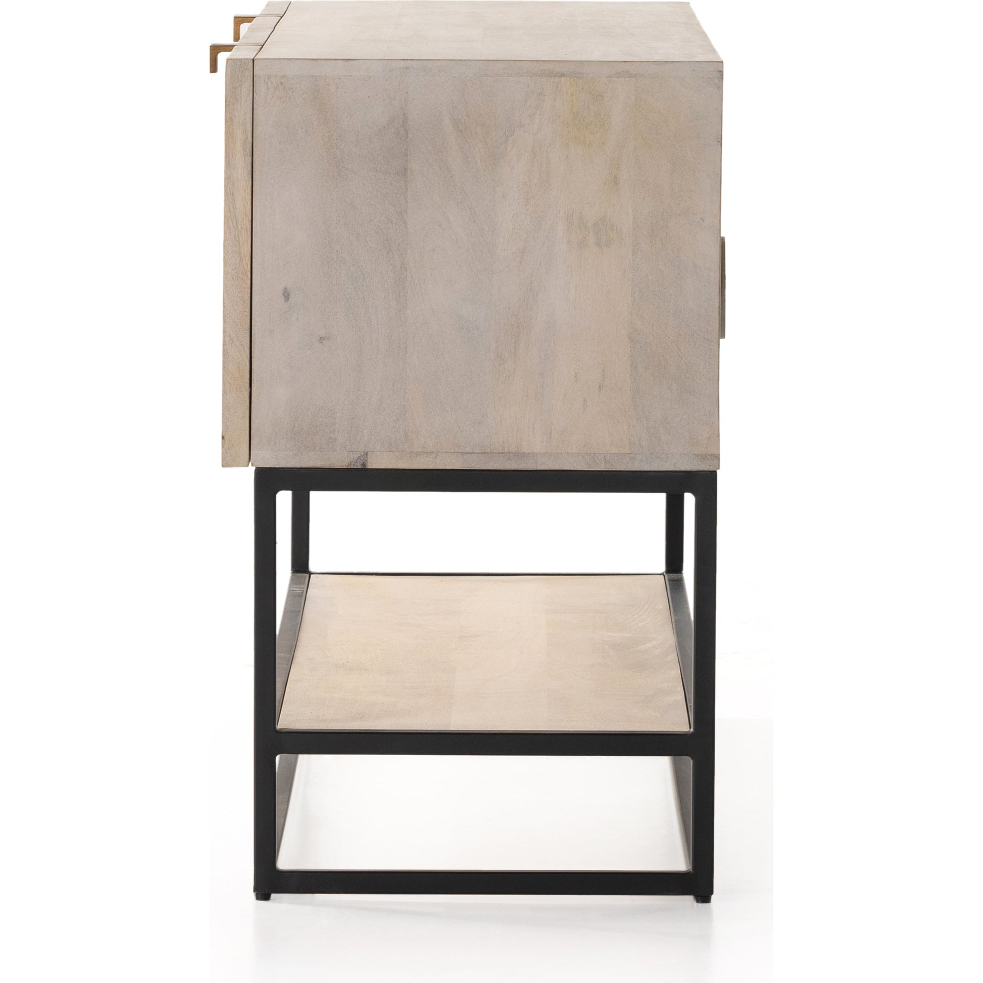 Kelby Small Media Cabinet by Four Hands in gunmetal, light wash mango, aged brass, light wash carved mango. Made from solid mango, iron in a modern style.