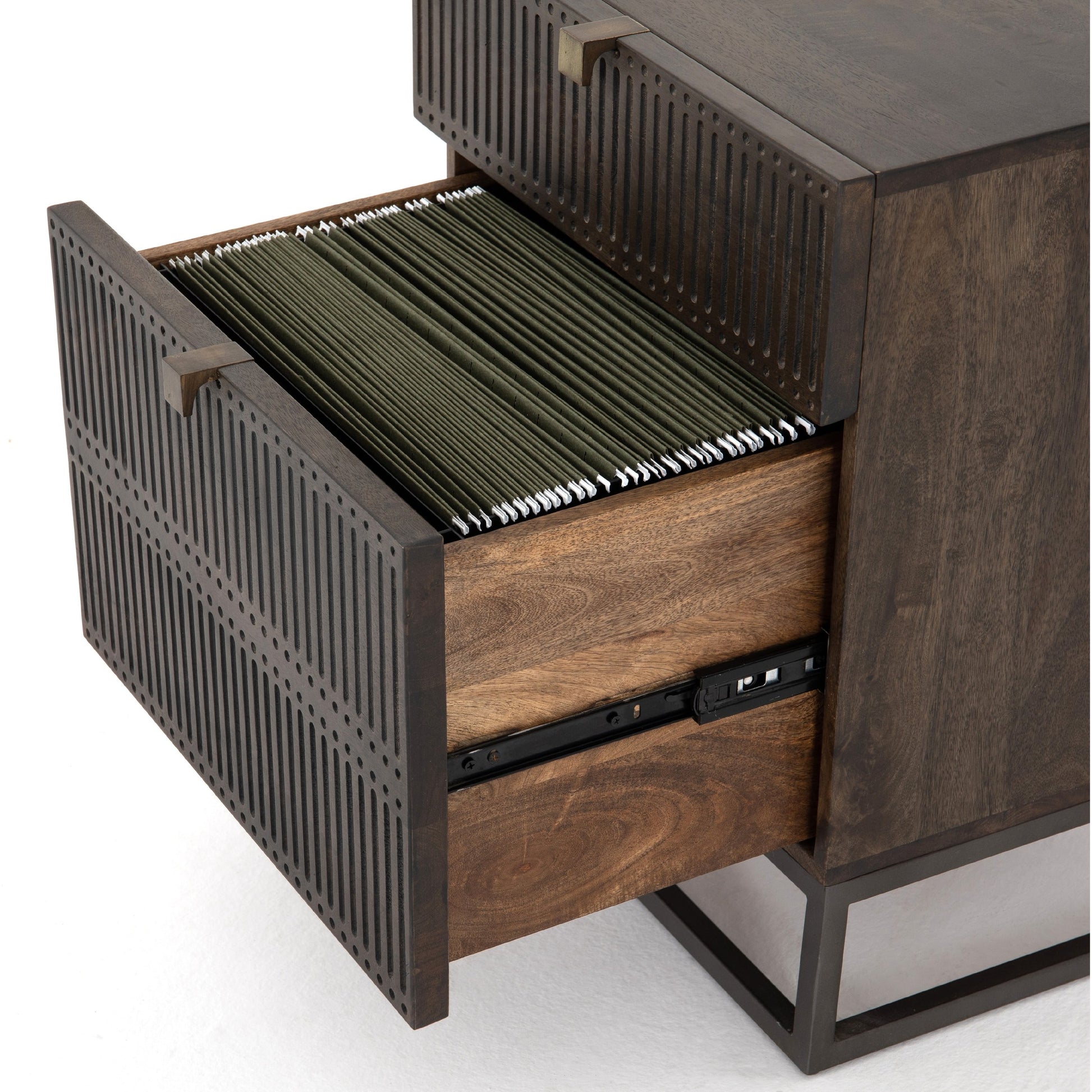 Kelby Filing Cabinet by Four Hands in gunmetal, carved vintage brown, vintage brown and vintage brown. Made from iron, solid mango in a modern style.