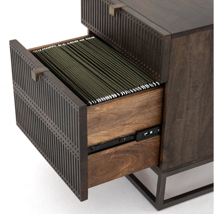 Kelby Filing Cabinet by Four Hands in gunmetal, carved vintage brown, vintage brown and vintage brown. Made from iron, solid mango in a modern style.