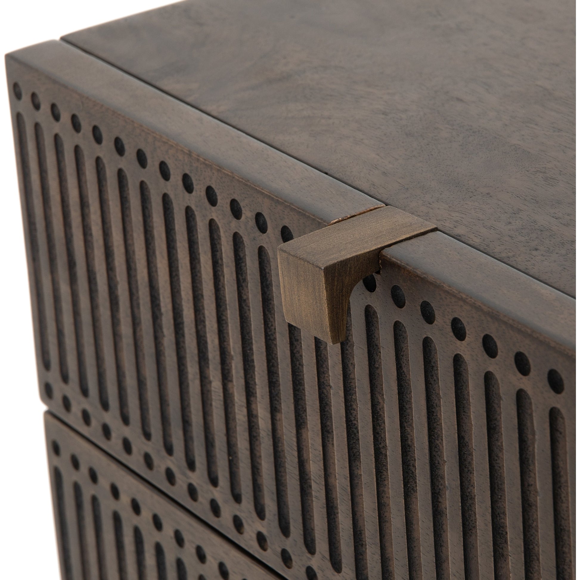 Kelby Filing Cabinet by Four Hands in gunmetal, carved vintage brown, vintage brown and vintage brown. Made from iron, solid mango in a modern style.