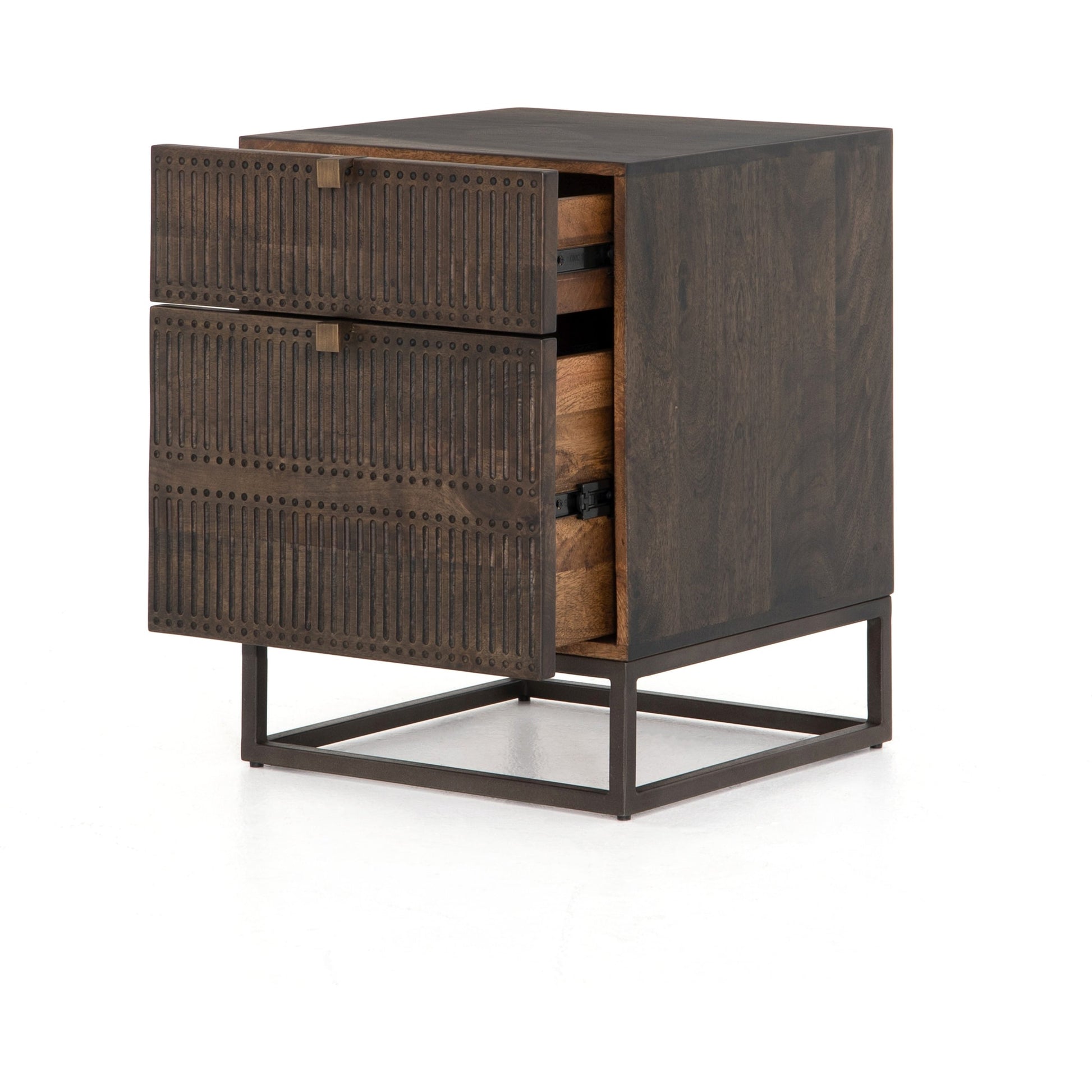Kelby Filing Cabinet by Four Hands in gunmetal, carved vintage brown, vintage brown and vintage brown. Made from iron, solid mango in a modern style.